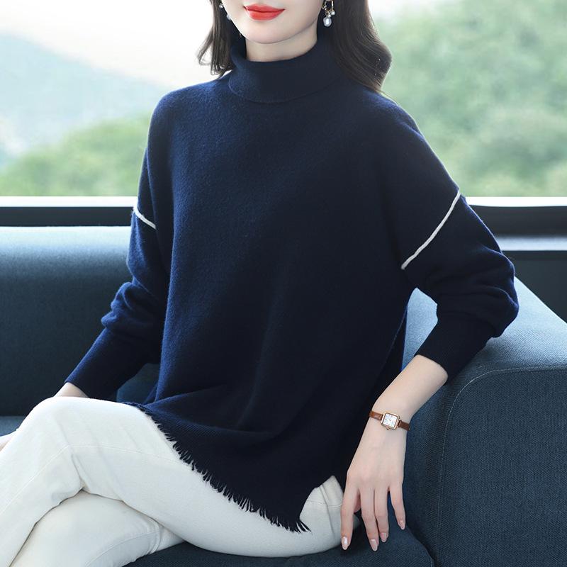 Women's Mid-Length High Neck Wool Sweater with Tassel - Loose Fit, Autumn/Winter Fashion.