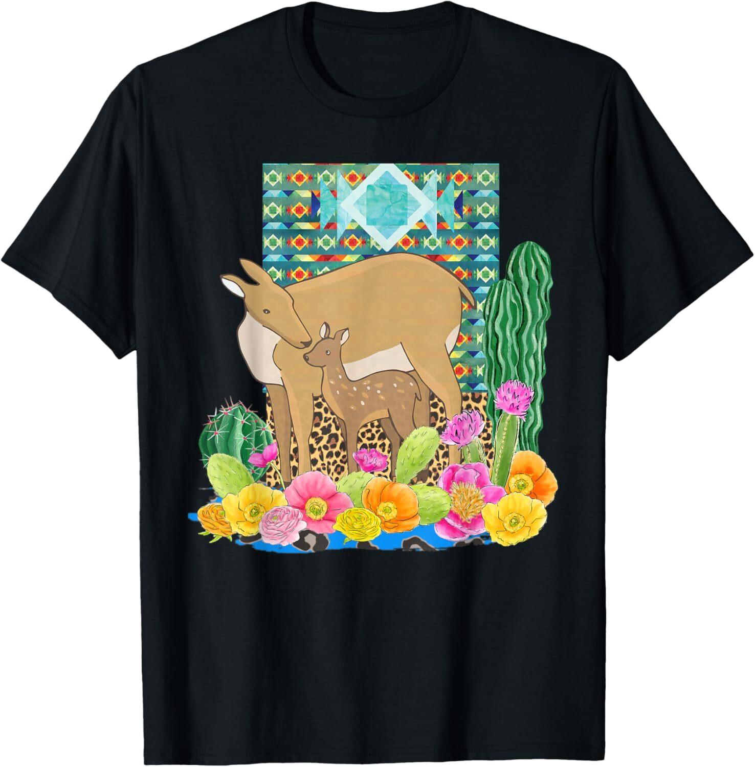 Mama Deer And Baby Fawn Fiesta Cactus Flower Animal T-Shirt Unisex T-Shirt S