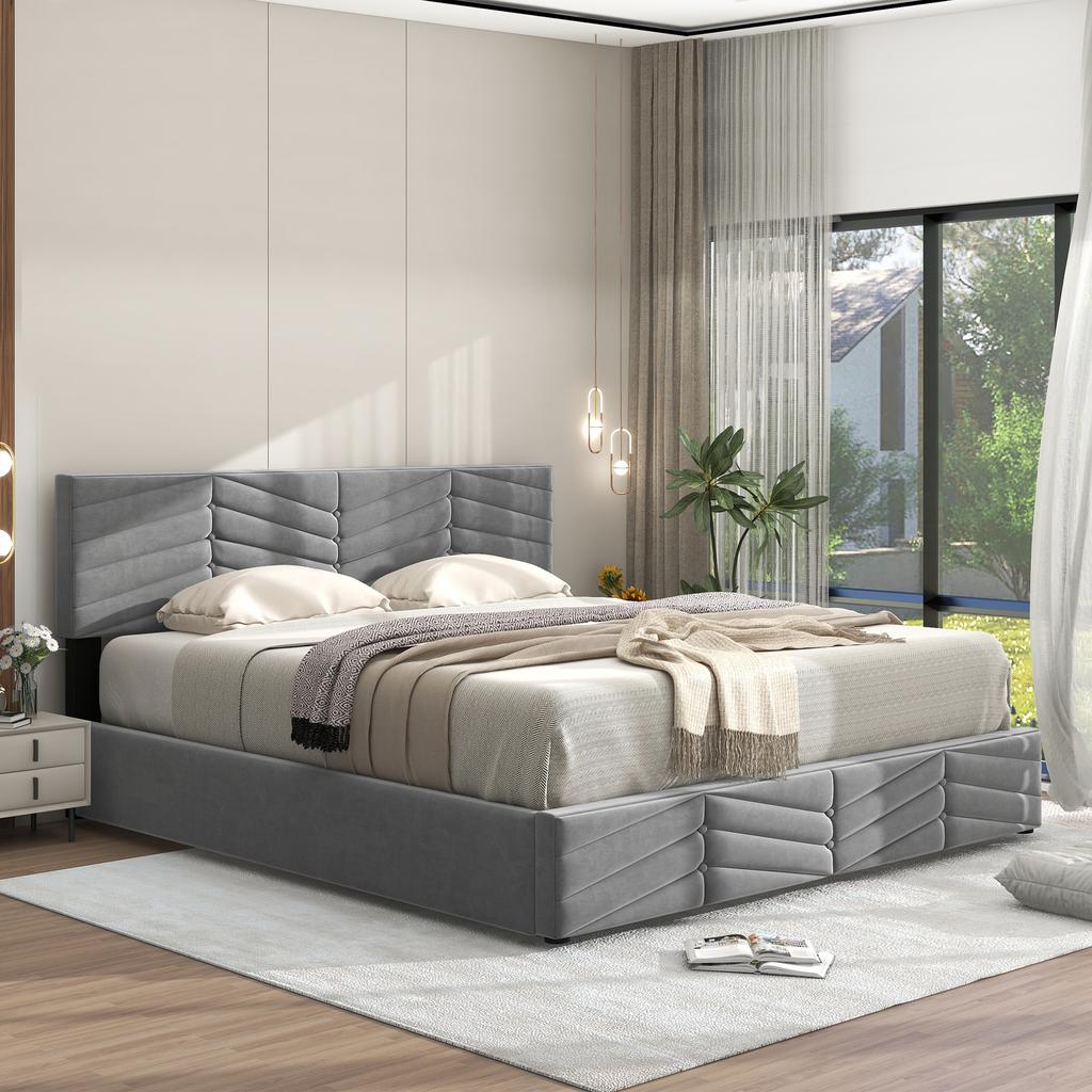 Upholstered Bed, Double Bed, Hydraulic Function Bed, Velvet, Striped Style, Continental Bed, Height-Adjustable Headboard, 140 X 200, Grey