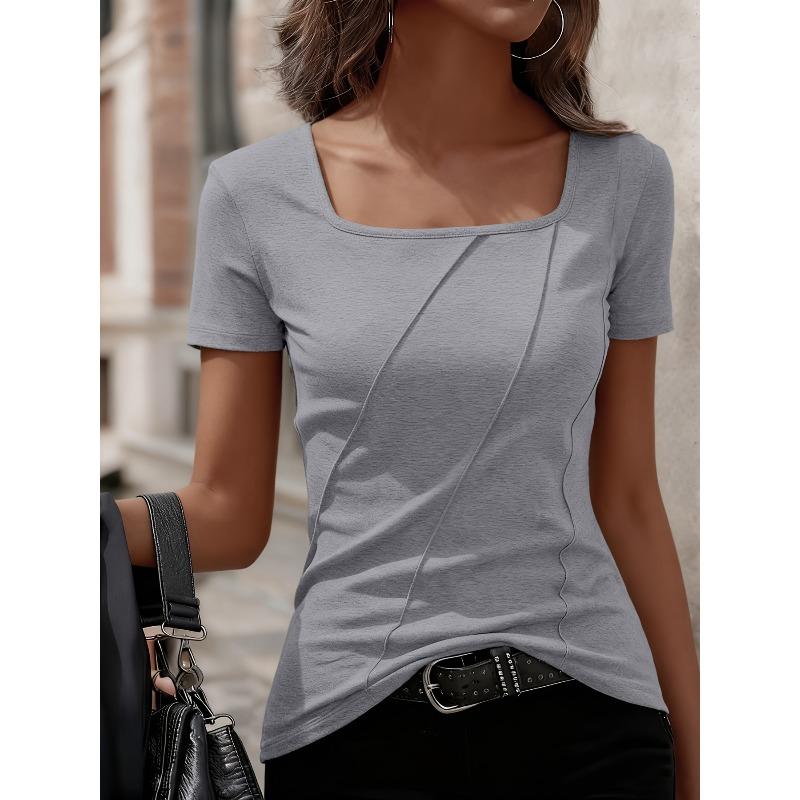 women's Square Neck Ruched Detail Solid Color Short Sleeve Slim Fit T Shirt Casual Basic Top