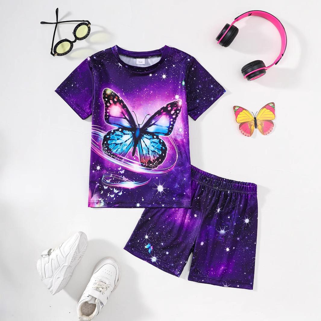 Girls Purple Casual Suit Summer New Fashion Cartoon Short-sleeved Shorts Butterfly Print 5-6M фиолетовый