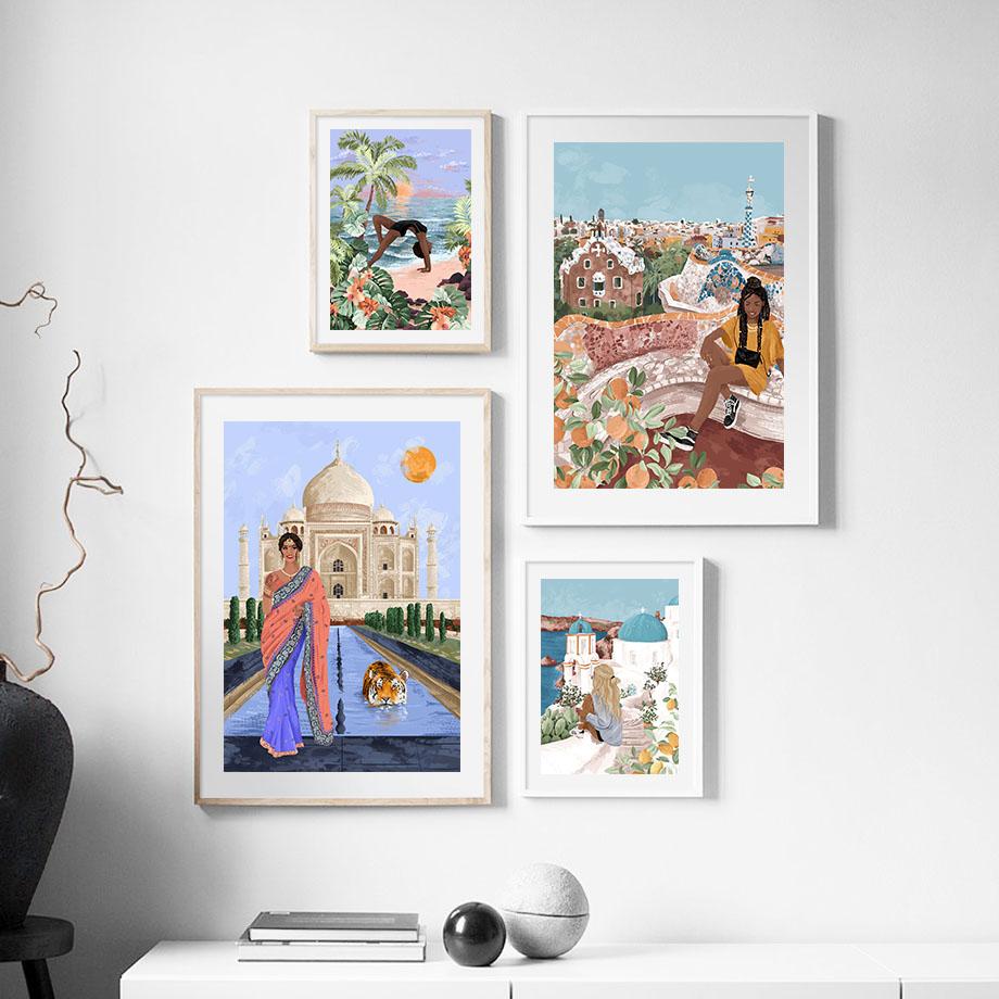 Santorini, Hawaii India Morocco Illustration Wall Art Canvas Painting Abstract Posters And Prints Picture For Living Room Decor