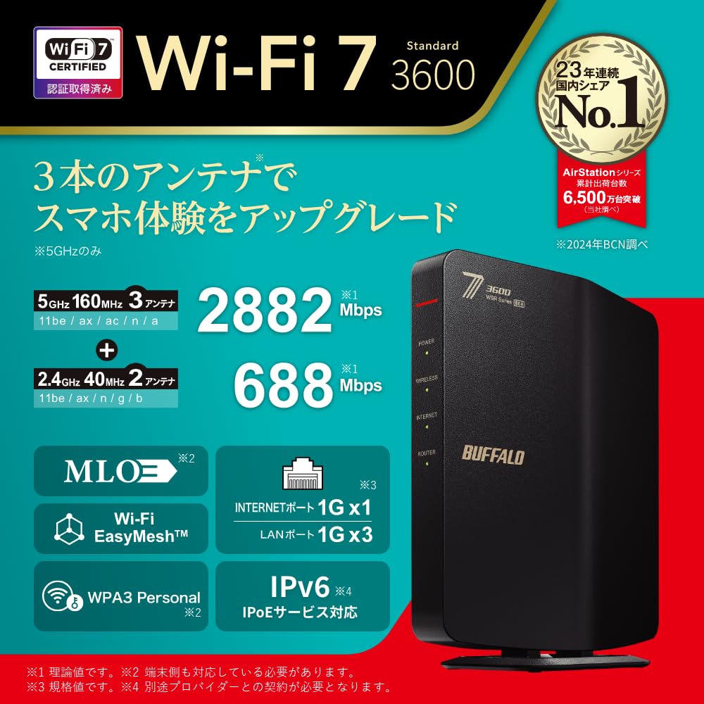 Buffalo WiFi Wireless 7 Eco with iPhone Router, LAN, Wi-Fi 11be, Dual-Band, 2882+688Mbps, Package, [Compatible 17/17 Pro], WSR3600BE4P/NBK