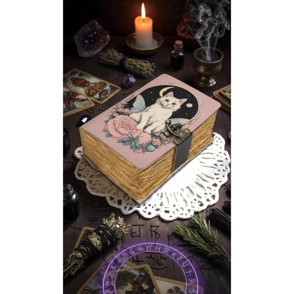 Cat Grimoire Journal – Blank Book of Shadows | Leather Spell Book of Wisdom | Handmade Witchy Sketchbook Moon Magic Tarot Notebook