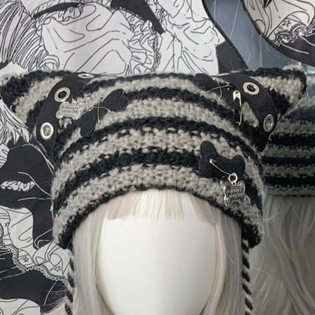 Cat Ear Striped Hat Subculture Streetwear Knitted 2000s Girls Winter Crocheted Hats Cool Photo Props Y2K GIRL