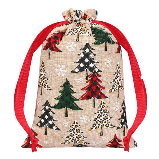 Gift Wrapping Supplies Christmas Tree Print Drawstring Bags, Faux Linen Xmas Treat Bag, Reusable Holiday Bags Candy & Apple Storage Pouch for