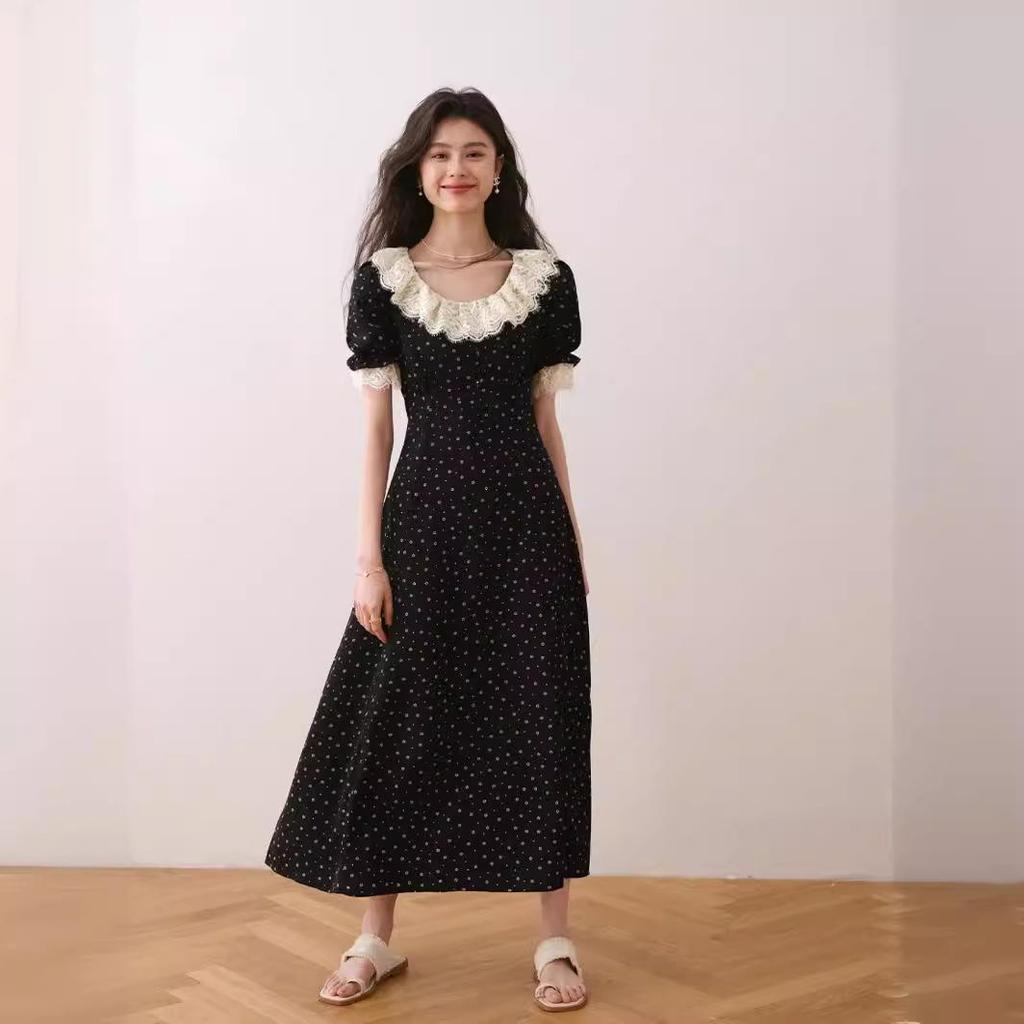 Black French Lotus Leaf Collar Floral Tea Dress - 2024 Summer Luxury Mid-Length Short Sleeve
