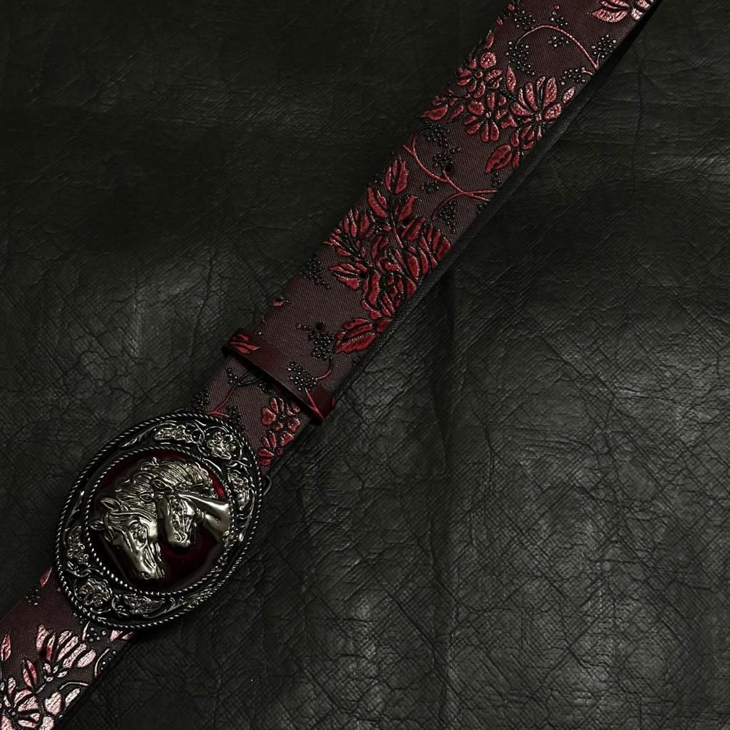 Vintage Dark Red Rose Double Horse Head Leather Belt - Unisex, Retro, Decorative Accessory.