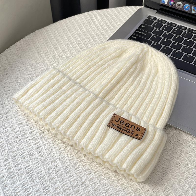 Coarse thread knitted hat children autumn and winter leather label letter wool hat big head circumference warm ear protection cold hat men