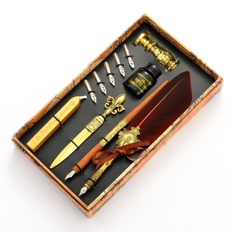 European Style Alloy Vintage Feather Pen Set Fountain Dip Feather Pen Set