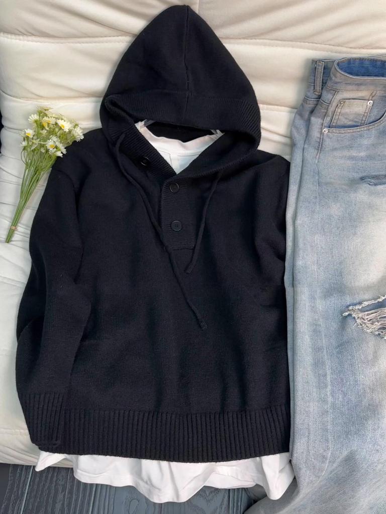 Men's Deep Gray Heavyweight Hooded Henley Pullover Knitwear - Autumn/Winter High-End Outerwear