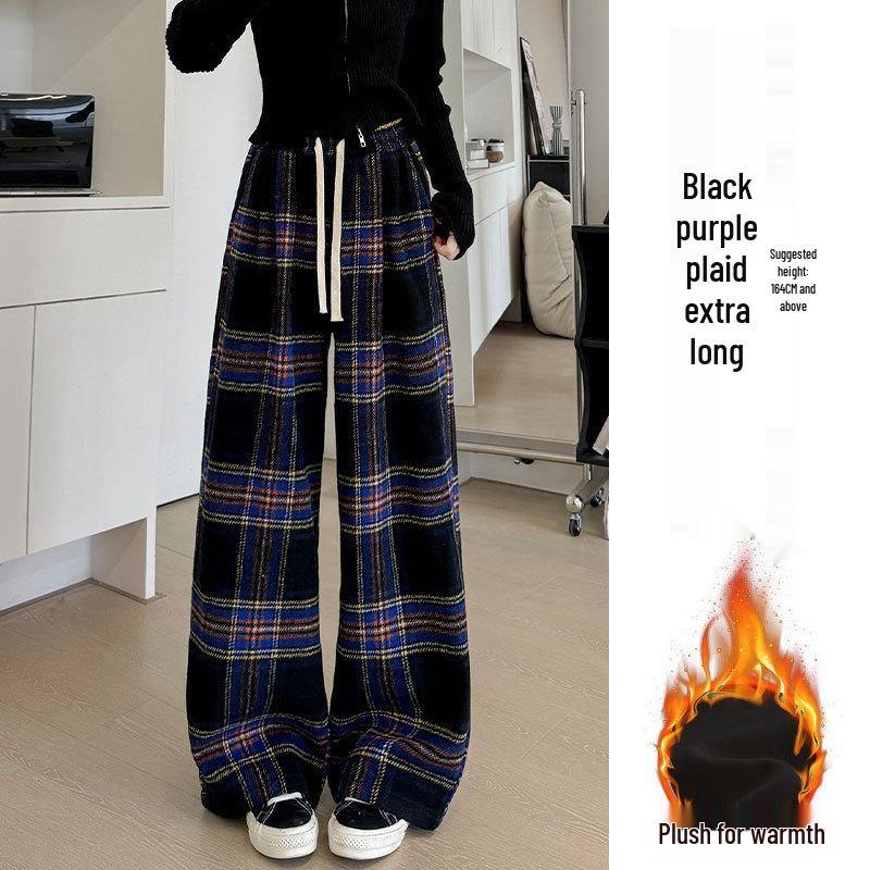 Women's High-End Retro Plaid Velvet Pants: Loose, Slimming Straight-Leg, Casual Wide-Leg Long Pants