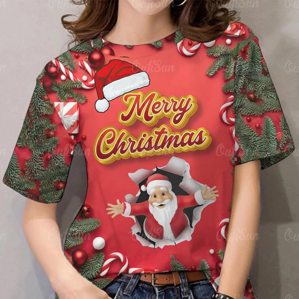 

Женская рождественская футболка 2026 - Дизайн с елкой и Сантой, 3D-печать, полная сублимация 3XL