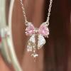 Collares Colgantes de Nudo de Lazo de Cristal Rosa de Hada de Moda Y2K para Chicas Cadena para Clavícula de Corazón con Pedrería Joyería para Mujeres Regalos