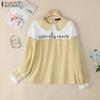 ZANZEA Womens Casual Doll Collar Long Sleeve Loose Patchwork Blouse