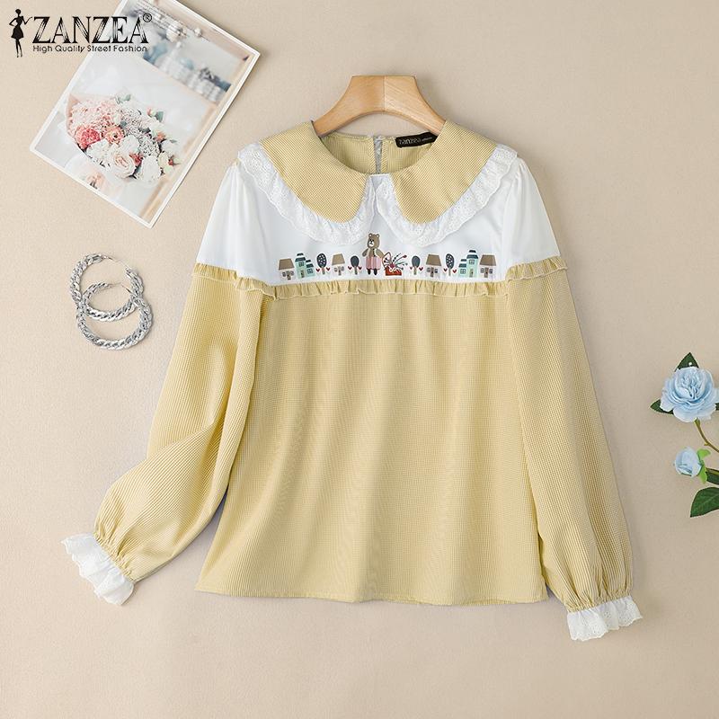 ZANZEA Womens Casual Doll Collar Long Sleeve Loose Patchwork Blouse