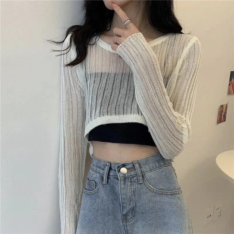 Long Sleeved Hollow Knit Sunscreen Blouse Slim Thin Pullover Women's Crop Top Simple Casual Commuting Spring Summer