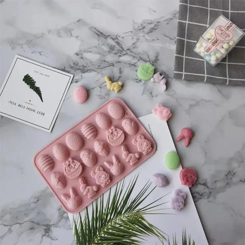 Easter Silicone Chocolate Moulds 18 Cavity Egg Bunny Rabbit Head Basket Shapes Mould for DIY Chocolate Candy Jelly Mooncake Mold