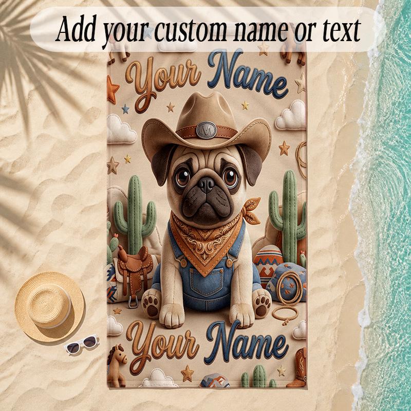 Pug Theme Soft Beach Towel Personalized Custom Name Text Towel Portable for Beach Pool Travel