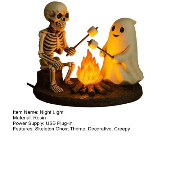 Skeleton Ghost Bonfire Night Lamp Halloween Roasting Marshmallow Ghost Statue Fake Campfire Lamp Home Bedroom Decoration