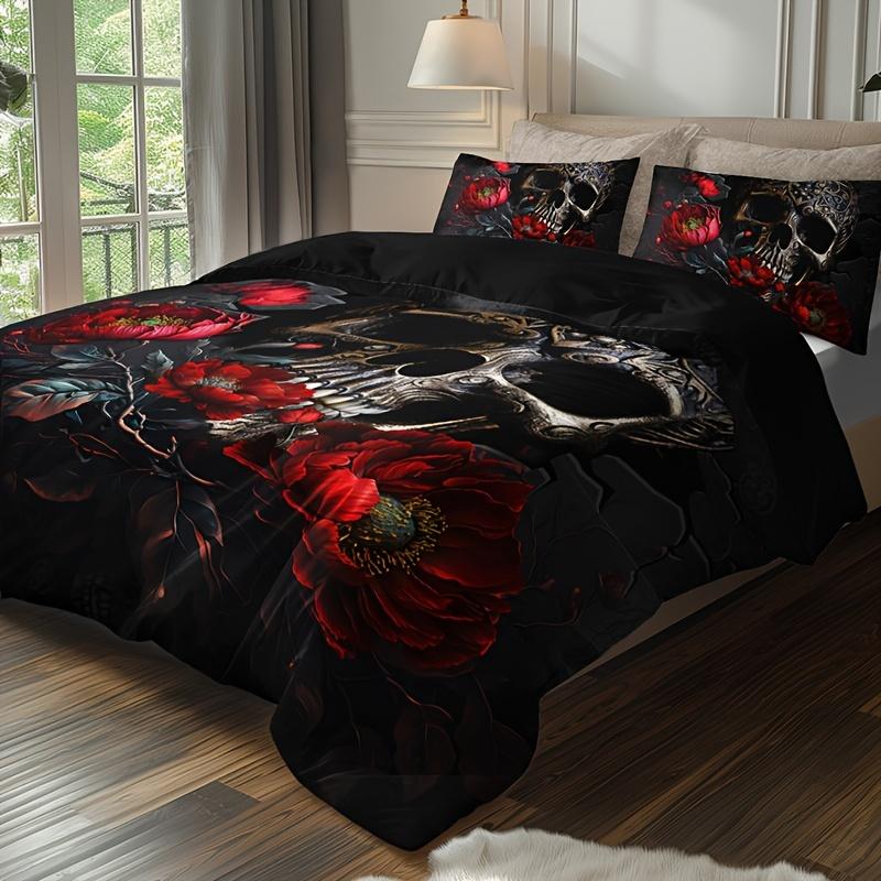 Fashion Gothic Skull Floral Duvet Cover Set Soft Breathable Hd Printing Bedding Set For Home Dorm Decor