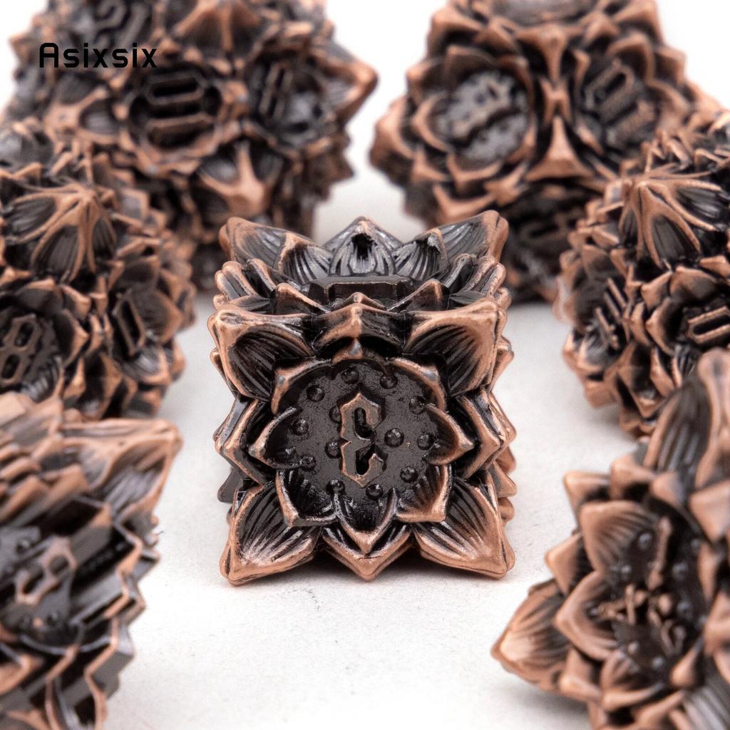 7 Pcs Copper Black Lotus Flower Metal Dice Solid Metal Polyhedral Dice Set Suitable for Role-Playing RPG Board Game Card Game