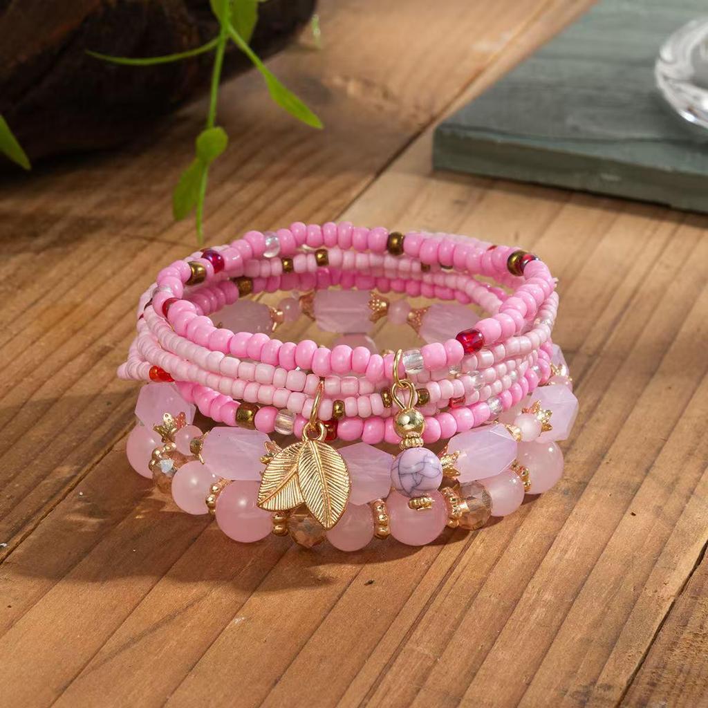 Bohemian Ethnic Layered Beaded Bracelet Set with Leaf Pendant