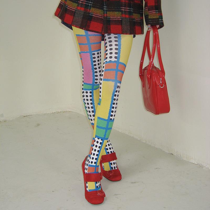 Colorblocked Plaid Print Tights Women With Millennial Y2K Trendy Polka Dot Pantyhose 2026 Spring Underwear Stocking
