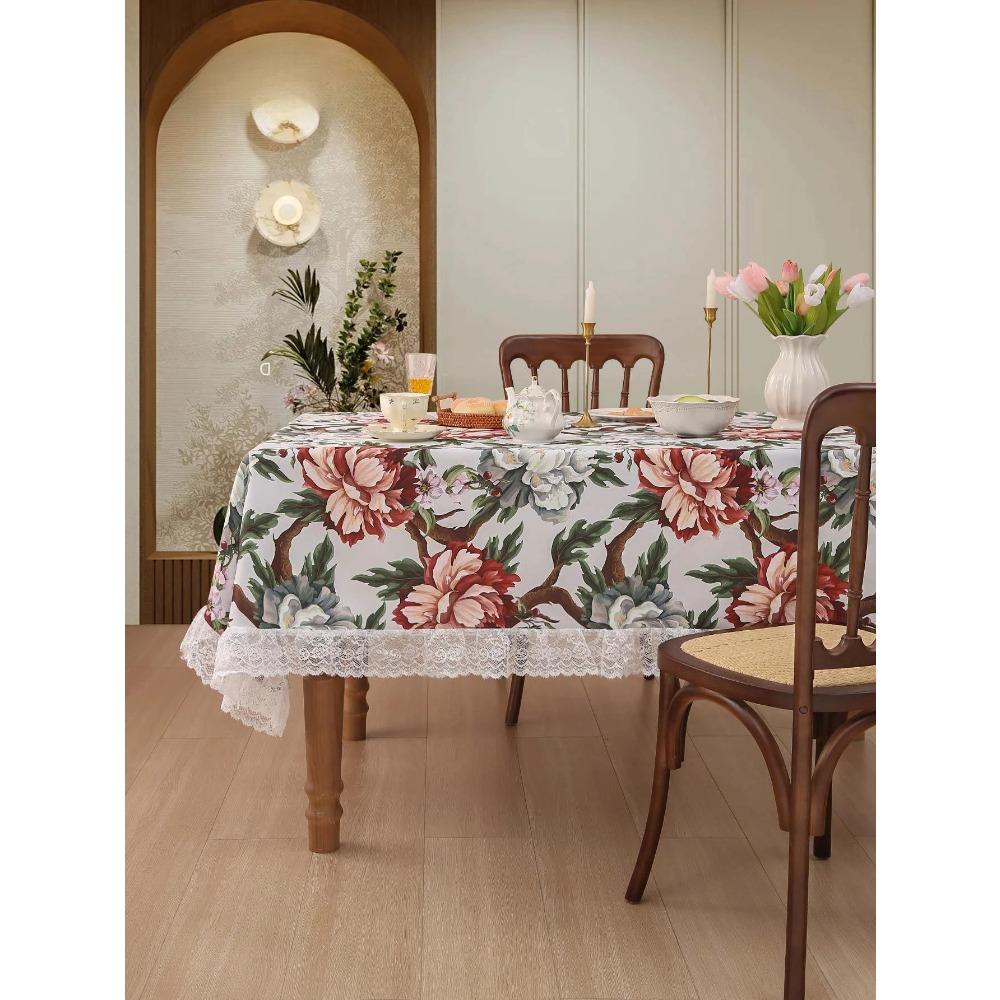 Zwart Bloem Vogel Patroon Tafelkleed Amerikaanse Stijl Wit Kant Tafelblad Hoes Waterdicht Antislip Slijtvast Tafelkleed
