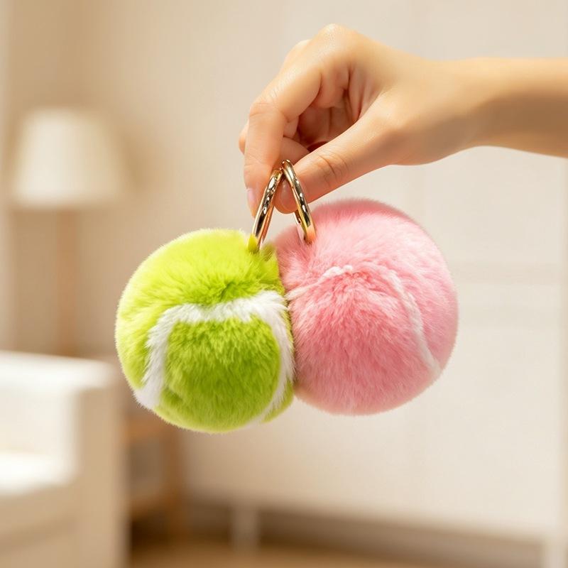 Real Rex Rabbit Fur Small Tennis Ball Car Keychain Fur Pendant Ins Internet Celebrity Bag Cute Plush Pendant Gift Less