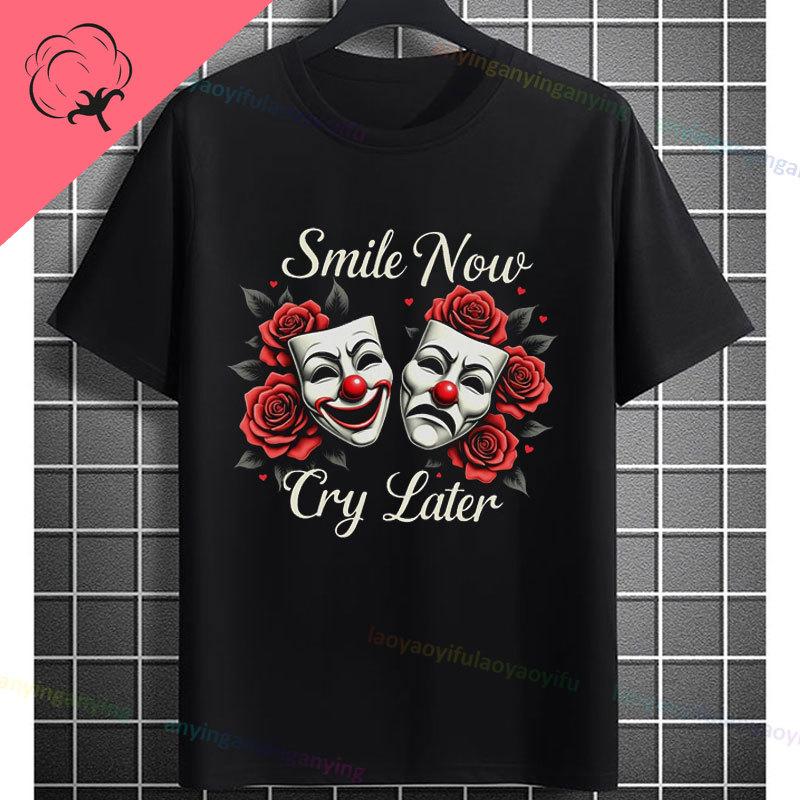Unisexs Funny Comedy Tragedy Masks White Roses Art Graphic Tshirt Shortsleeve Pure Cotton Fashion Streetwear Casual Tshirt