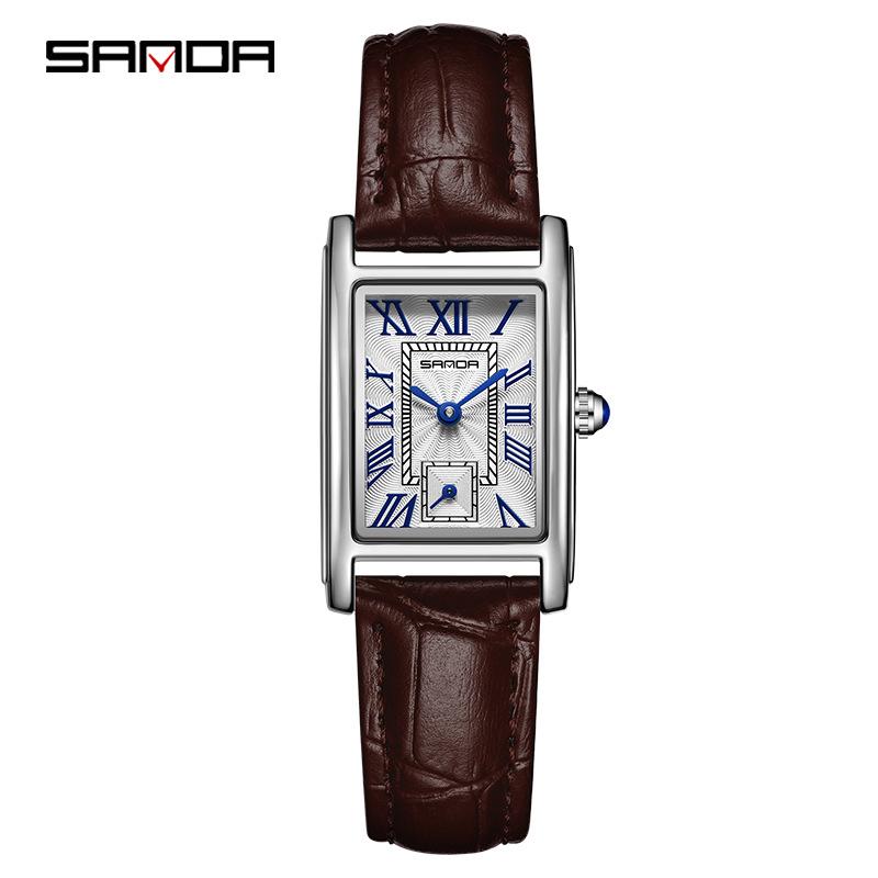 Stilvolle Sanda Square Stahl & Leder Quarz Uhr mit römischen Ziffern, Wasserdichtes Design für Damen