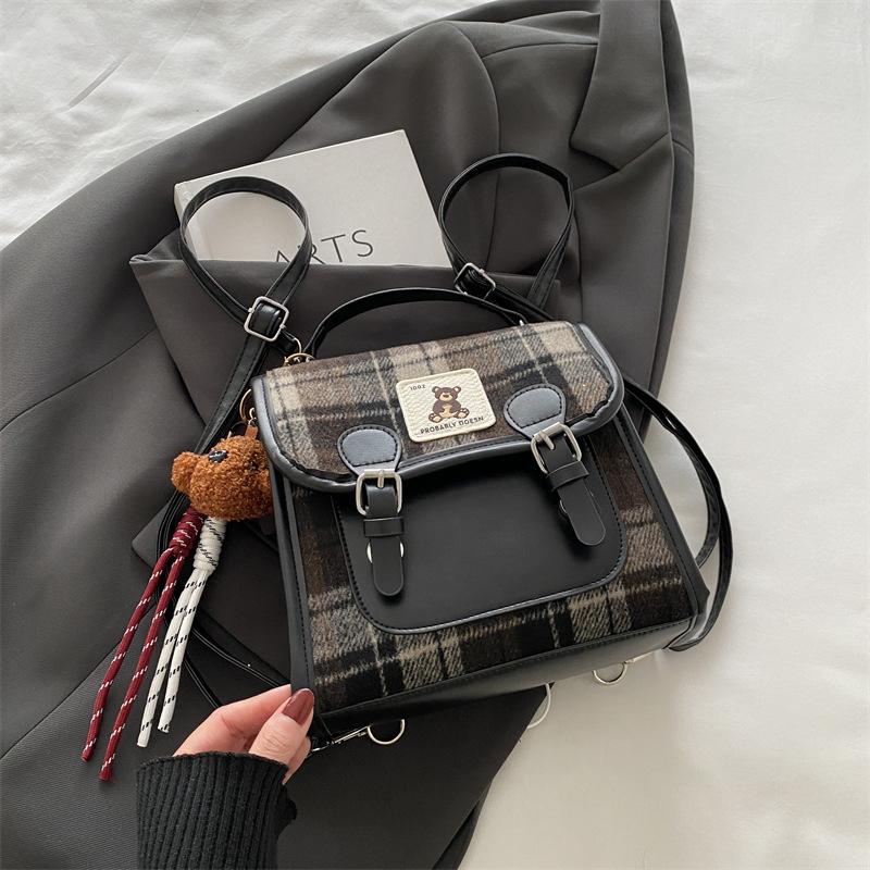 Woolen Plaid Portable Small Bag Women's 2025 New Trendy Fashion College Style Backpack Winter Retro Messenger Bag