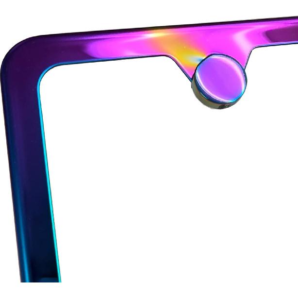 Two Holes Slim License Plate Frame Neo Chrome Aurora Electroplating Burnt Titanium Mirror Chrome Universal Fit Anti Rust Metal Screw On Cap Cover,
