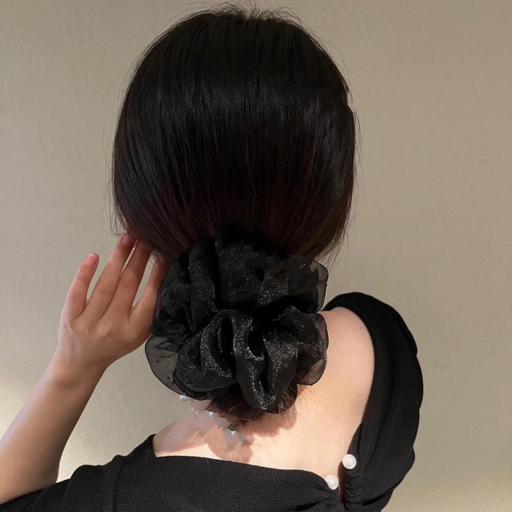Korean Rhinestone Mesh Scrunchie: Elegant Retro Black Hair Tie
