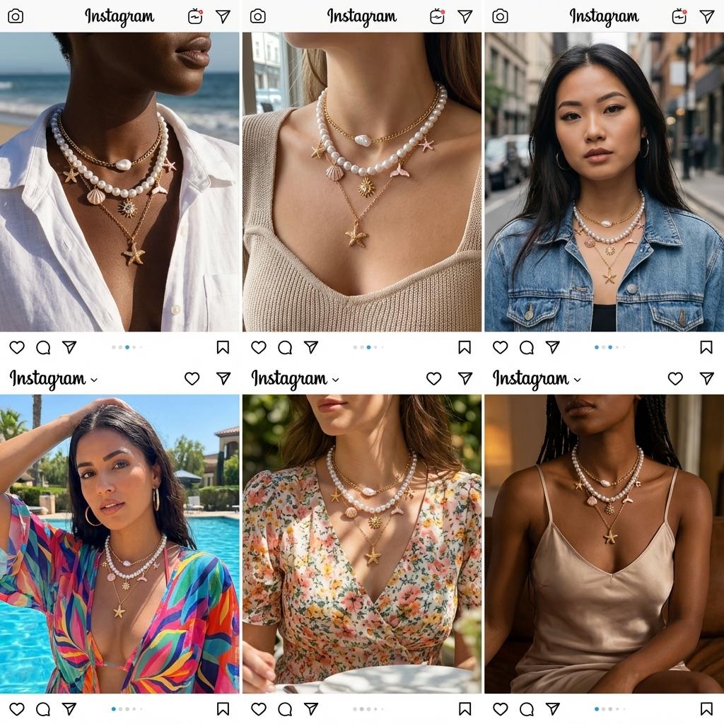 Bohemian Beach Shell Conch Beaded Necklace for Women Ocean Style Seashell Starfish Sun Pendant Choker Vacation Party Jewelry
