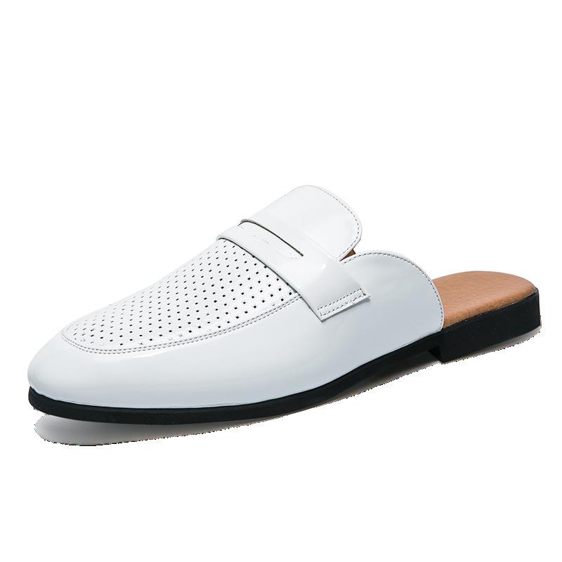 

Summer men s breathable semi-drag lazy shoes, foreign trade punching small leather shoes outdoor rest leather shoes 44 білий
