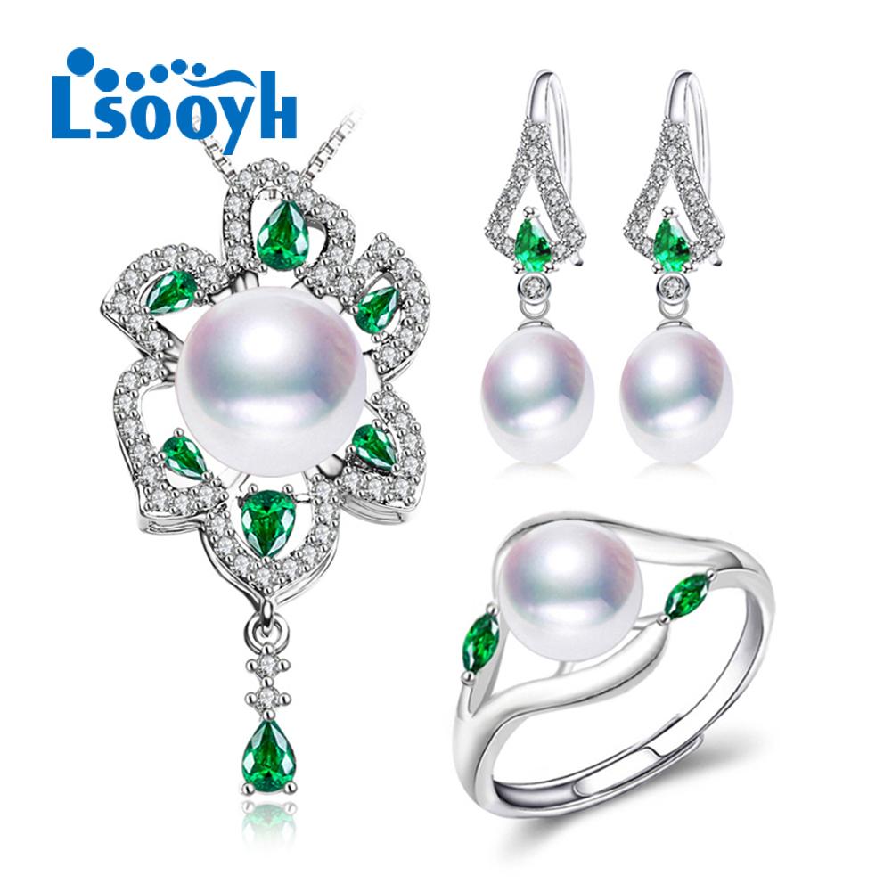 

LSOOYH Натуральный пресноводный жемчужный ожерелье кубический цирконий цветочные серьги кольцо для женщин жемчужные ювелирные изделия наборы
