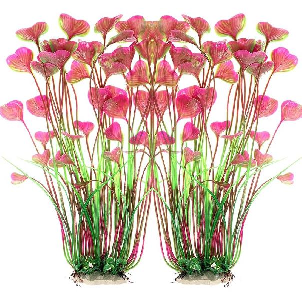 ALEGI Fish Tank Decorations Plastic Plants Large,Aquarium Artificial Plants Decoration Ornament Safe for All Fish-16 inch 2Pcs (Red 2 Pcs)