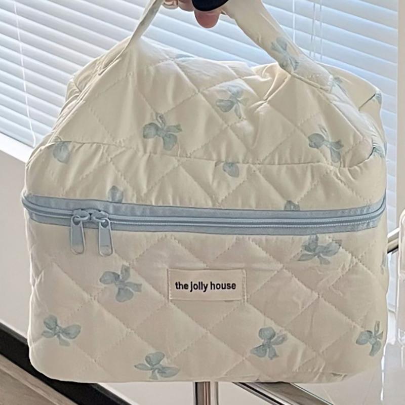 Portable Quilting Cosmetic Bag Ladies Large Capacity Travel Organizer Washbag Cute Bow Knot Pattern Make Up Zipper Storage Bag