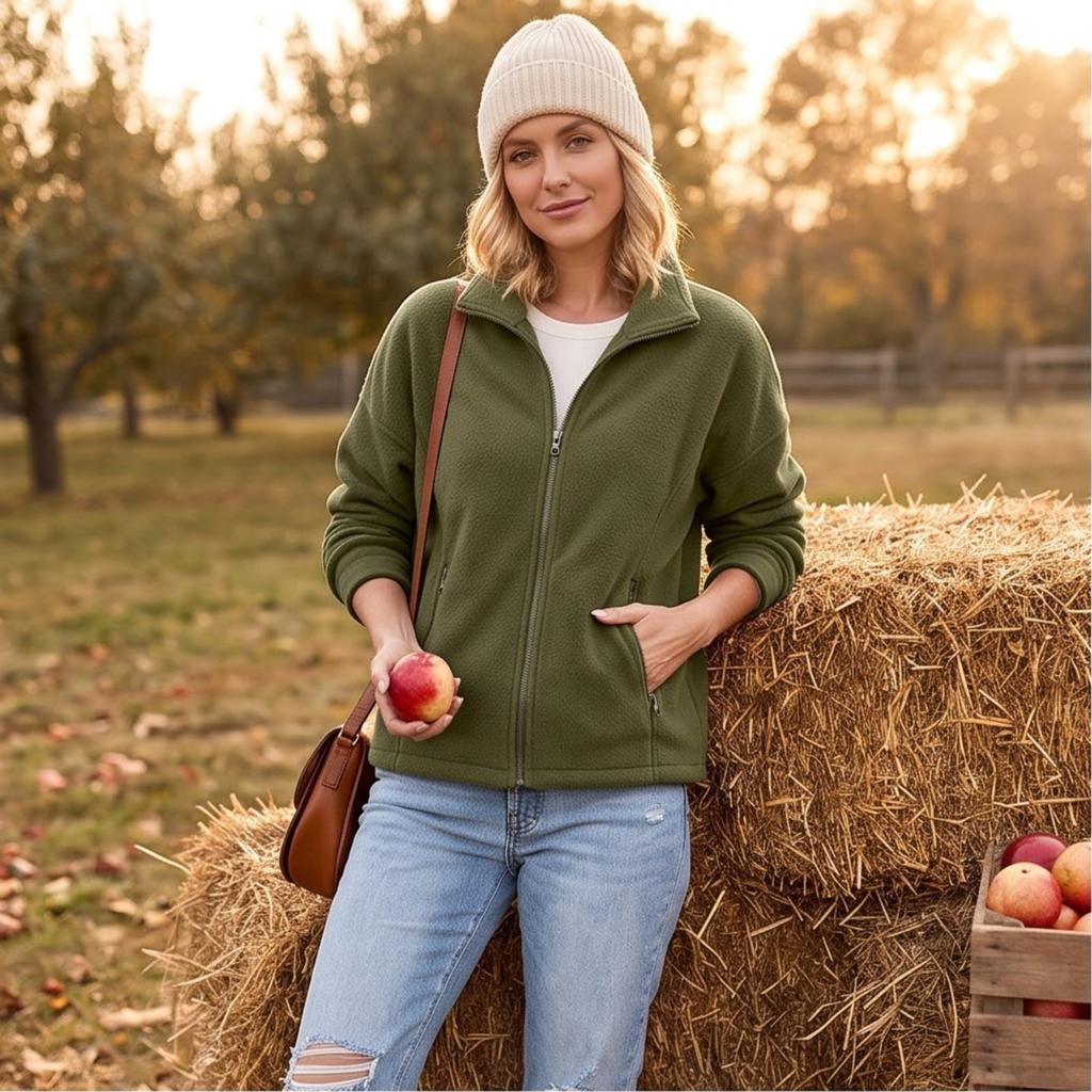 Women's Warm Full Zip Jacket with Stand Collar and Pockets for Fall Winter