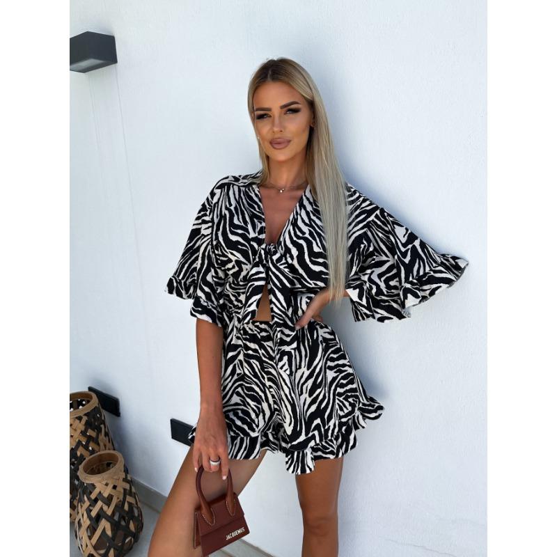 Summer Holiday Casual V-neck Printed Short Sleeve Jumpsuit Women Wide Legs