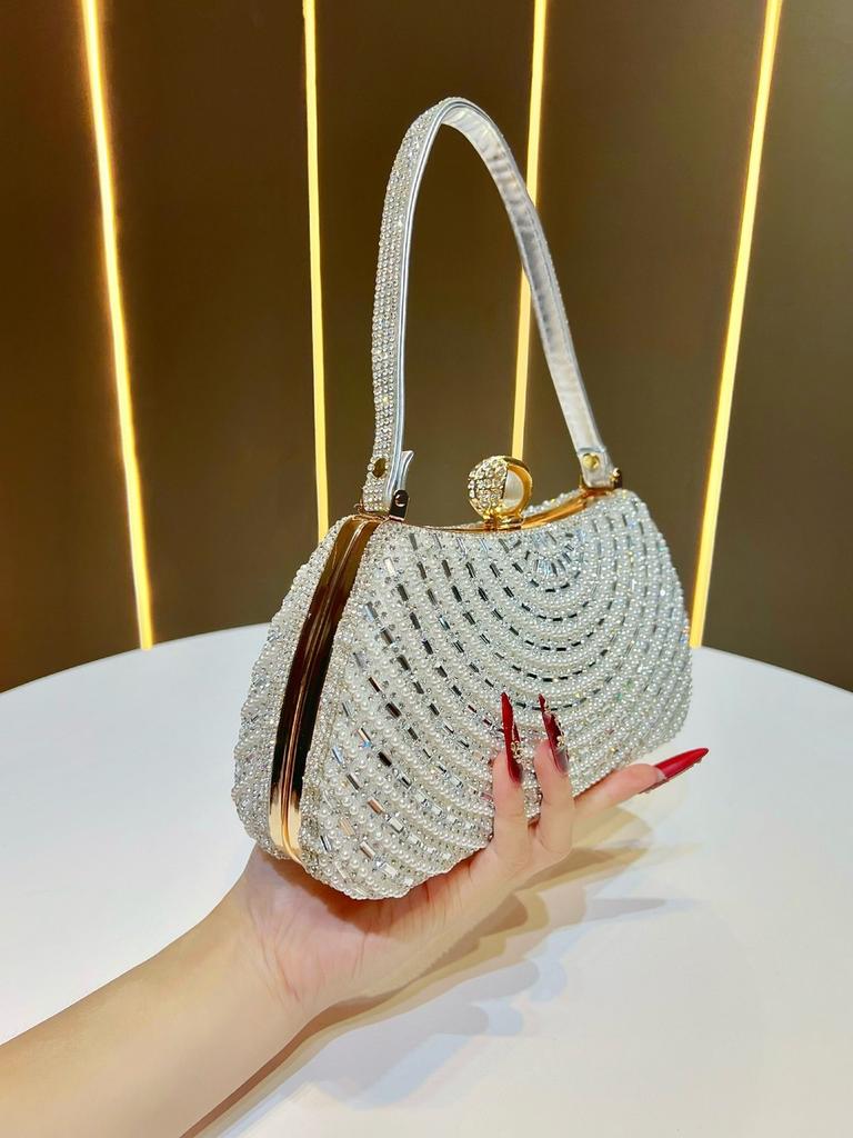 Lux Pearl Embellished Clutch Bag With Lock For Evening Events
