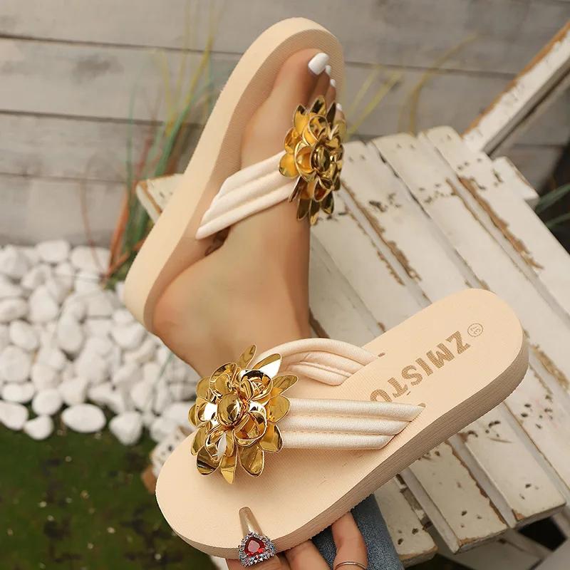 Fashion Gold Silver Flower Decor Flat Sandals for Women Plus Size Thick Sole Chunky Platform Slippers Summer Light Comfort Flip Flops