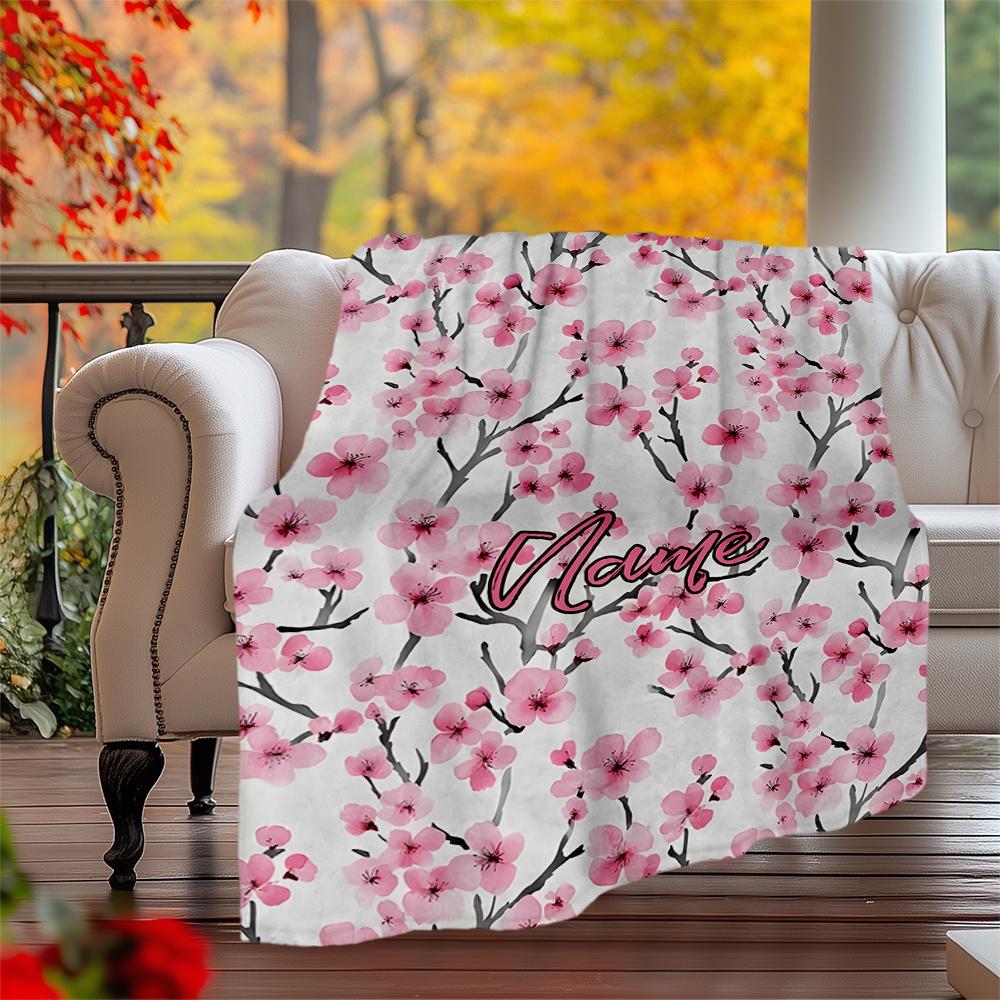 Cherry Blossom Floral Design With Elegant Name Flannel Outdoor Blanket Gift Blanket Comfortable And Soft Lightweight And Portable Suitable For All