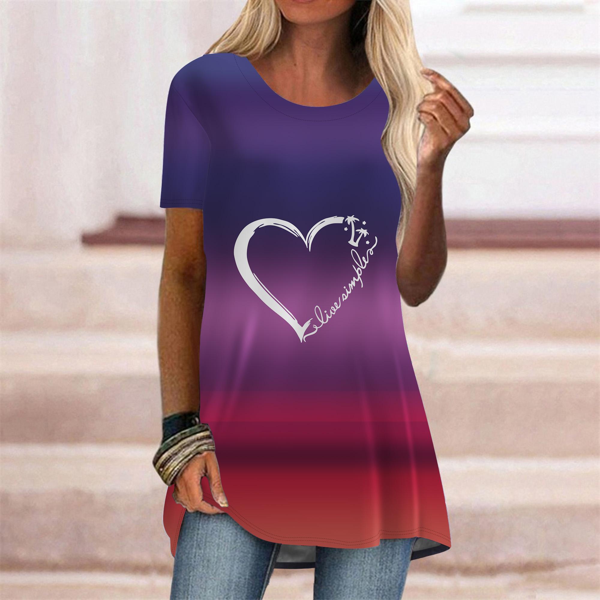 

Plus Size Women Summer Purple Gradient Heart Printed Comfy Short Sleeve Round Collar T-shirt Casual Baggy Mid Length Tee Tops 8XL фіолетовий