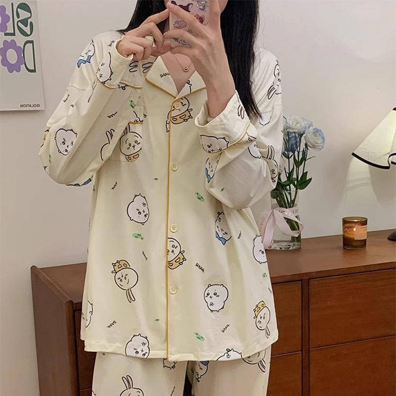 "Cute Dog Dachshund" ins cartoon spring and autumn striped pajamas women's cardigan long-sleeved loungewear autumn and winter suit