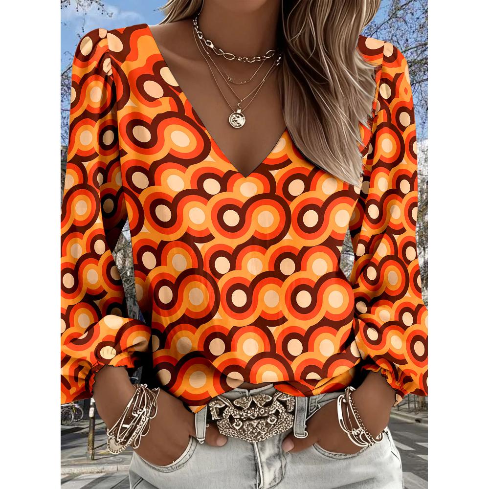 A retro western-style shirt, featuring prints, with a V-neck and abstract geometric design, and a Bohemian-style fringed sleeve style S