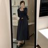 French Hepburn style long-sleeved square neck bottoming dress women's season new style temperament inner long dress