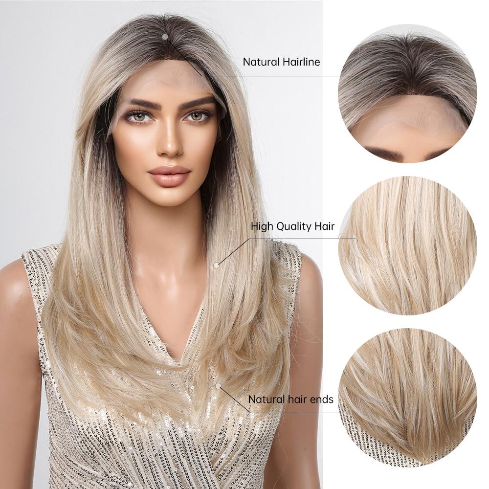 ALAN EATON Hellbraune gerade Lace-Front-Perücken, Mittelscheitel, Ombre-Blonde Spitze, synthetische Perücke, natürlicher Haaransatz, hitzebeständig